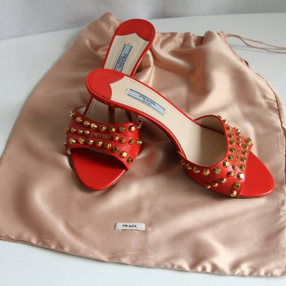Prada Red/Coral Gold Kitten Heel Sandals Size 36/6. RARE Gorgeous and Comfortabl - Picture 1 of 15